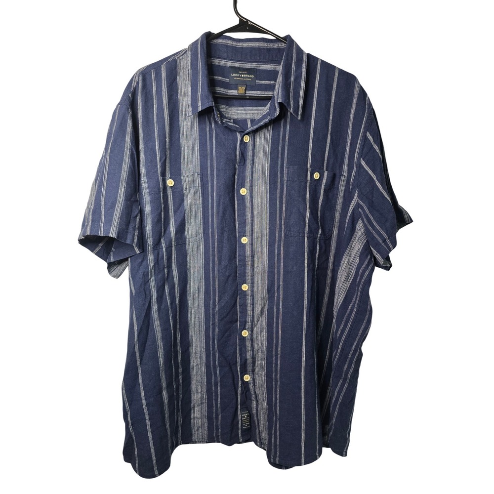Lucky Brand Mens 2XL Navy Blue White SS Linen Blend Button Down Shirt EUC